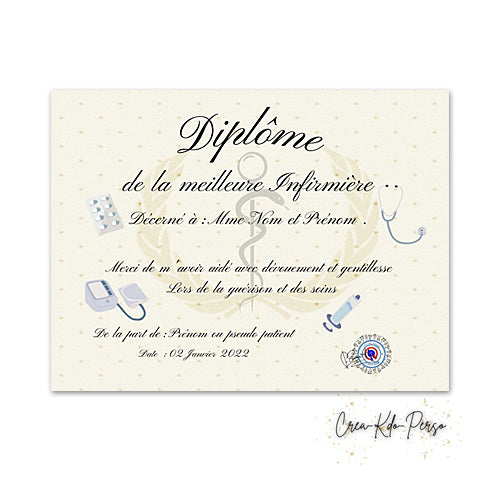 Diplôme à personnaliser cadeau infirmière infirmier