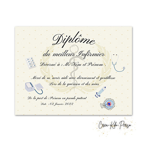 Diplôme à personnaliser cadeau infirmière infirmier