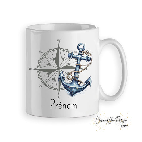 Mug Maritime Capitaine ancre boussole nautique personnalisé