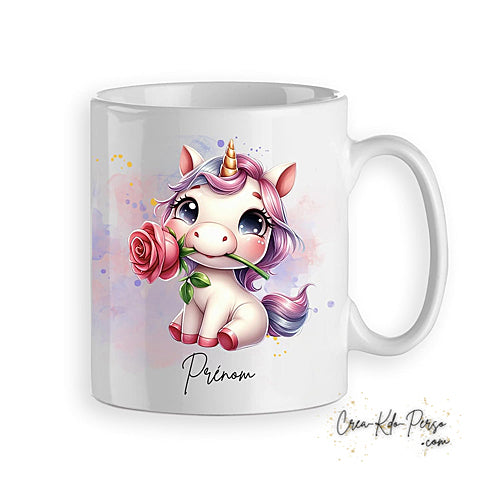 Mug licorne avec rose rouge personnalisable prénom