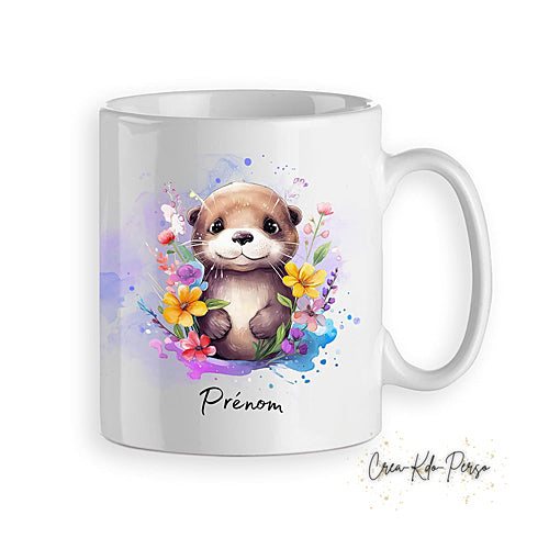 Mug Loutre mignonne décoration florale aquarelle personnalisé