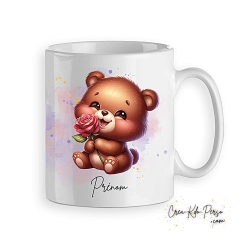 Mug Ourson Ours mignon avec fleur rouge personnalisé