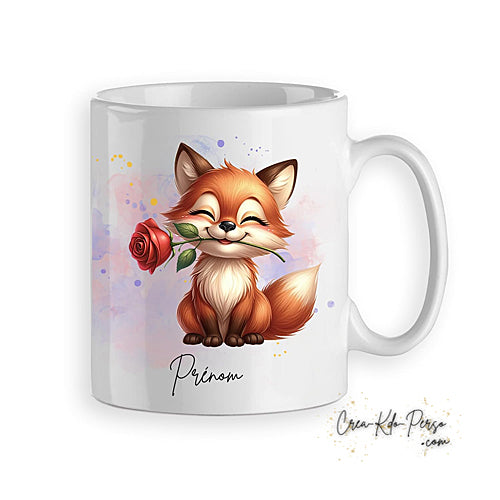 Mug Renard mignon avec fleur rouge personnalisé