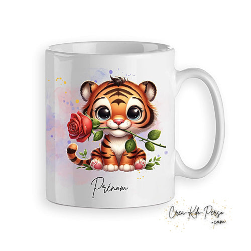 Mug cadeau Tigre mignon avec une rose rouge personnalisé