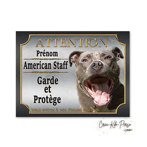Plaque Attention au Chien American Staff bleu garde et protège