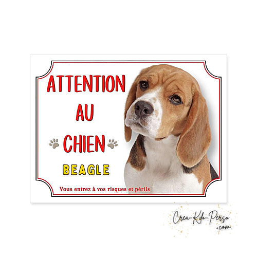 Plaque Décorative Métallique Attention au Beagle avec Chien de Race