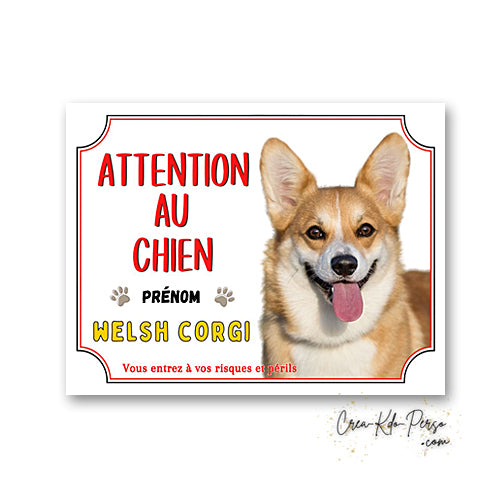 Plaque Attention au Chien Welsh Corgi