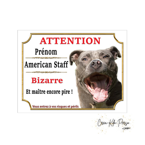 Plaque humour Attention Chien American Staff bleu bizarre le maitre est pire