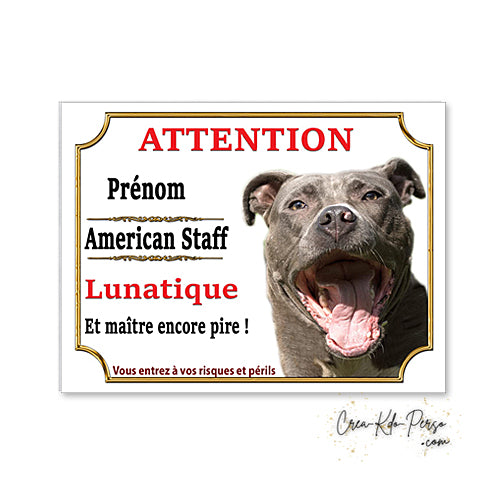 Plaque humour Attention Chien American Staff bleu lunatique le maitre est pire