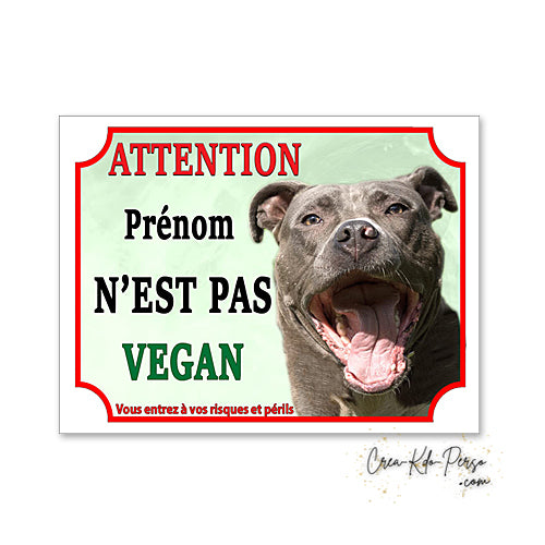 Plaque humour Attention Chien American Staff bleu pas vegan