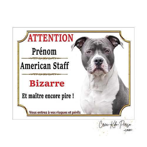 Plaque humour Attention Chien American Staff bizarre le maitre est pire modèle bleu blanc