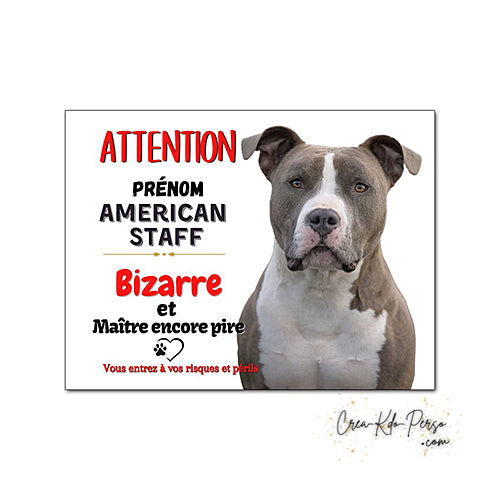 Plaque humour Attention Chien American Staff bleu et blanc bizarre le maitre est pire