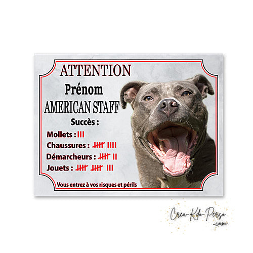 Plaque humour Attention au Chien American Staff bleu compte ses trophées à ce jour