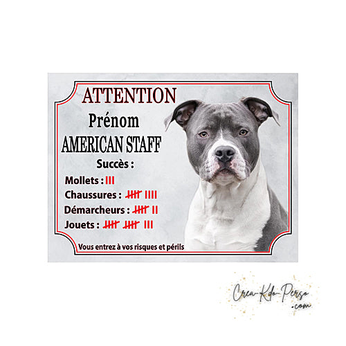 Plaque humour Attention au Chien American Staff compte ses trophées à ce jour modèle bleu blanc