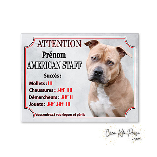 Plaque humour Attention au Chien American Staff fauve compte ses trophées à ce jour