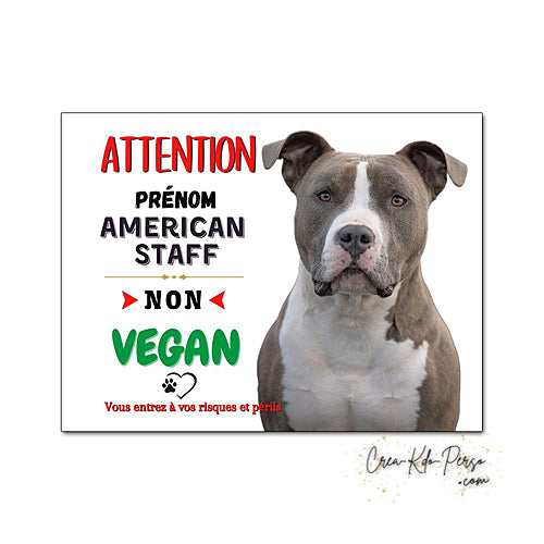 Plaque humour Attention Chien American Staff pas vegan modèle bleu blanc