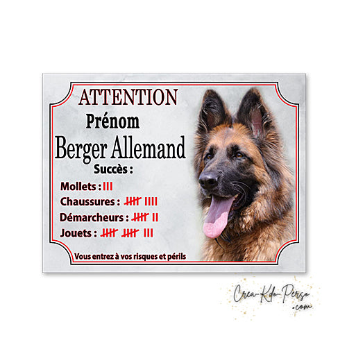Plaque humour Attention Chien compte ses trophées à ce jour race Berger Allemand