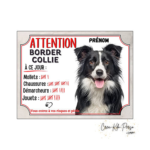Plaque Border Collie Panneau de portail Attention au chien