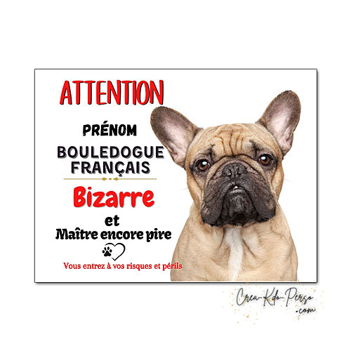 Plaque humour Attention au Chien Bouledogue Français fauve Bizarre