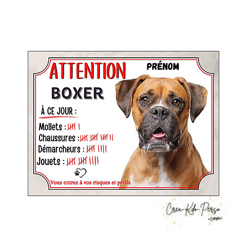 Plaque humour Attention Chien Boxer marron compte ses trophées à ce jour