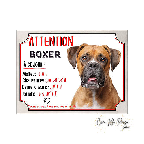 Plaque humour Attention Chien Boxer marron compte ses trophées à ce jour