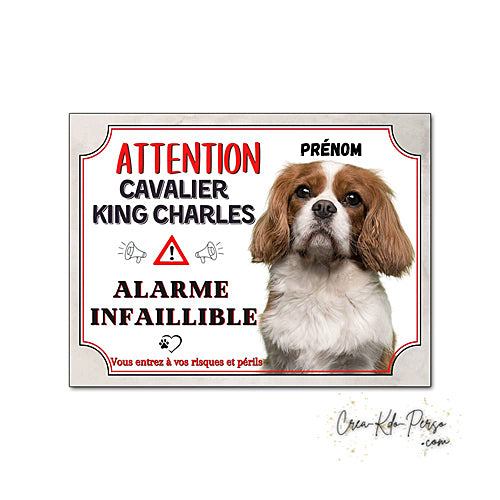 Plaque humour Attention Chien Cavalier King Charles alarme infaillible panneau humoristique
