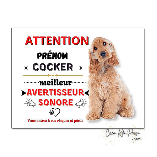 Plaque humour Attention Chien Cocker meilleur avertisseur sonore