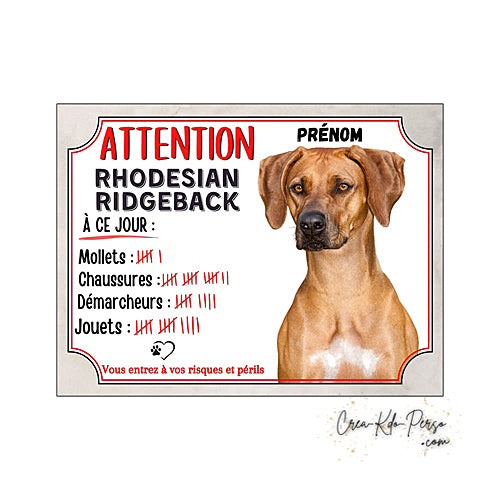 Plaque Rhodesian Ridgeback panneau de portail Attention au chien
