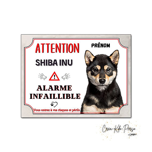 Plaque humour Attention Chien Shiba Inu noir et feu alarme infaillible panneau humoristique