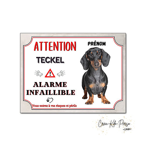 Plaque humour Attention Chien Teckel noir et feu alarme infaillible panneau humoristique
