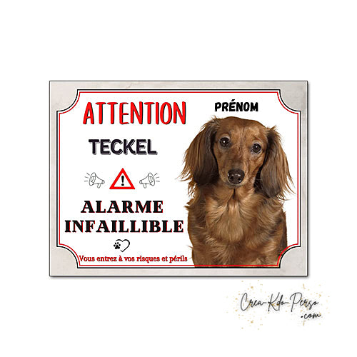 Plaque humour Attention Chien Teckel à poil long alarme infaillible panneau humoristique