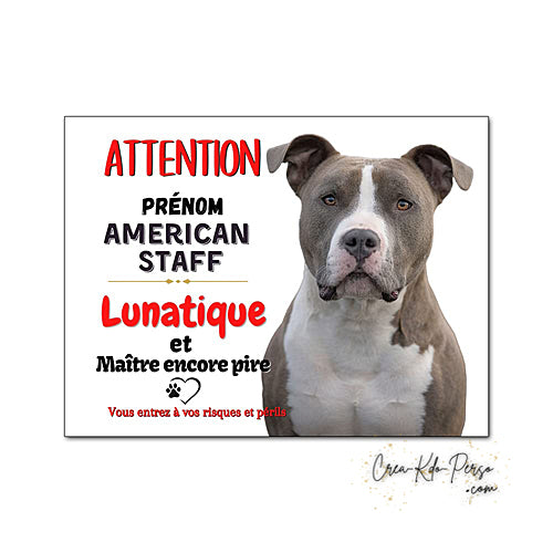 Plaque humour Attention Chien American Staff bleu et blanc lunatique le maitre est pire