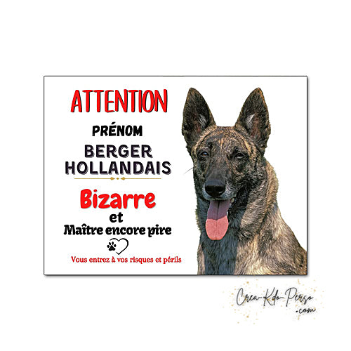 Plaque humour Attention Chien race Berger Hollandais bizarre et maitre encore pire