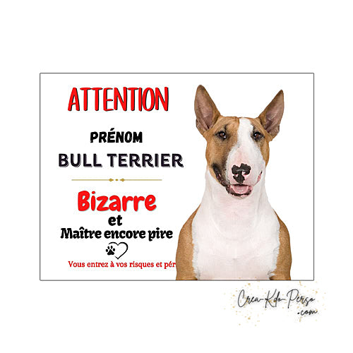 Plaque humour Attention au Chien Bull Terrier bizarre et maitre encore pire