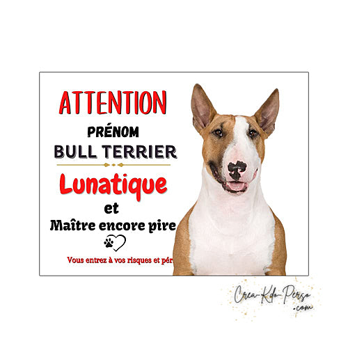 Plaque humour Attention au Chien Bull Terrier lunatique et maitre encore pire
