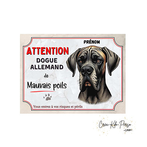 Plaque Dogue Allemand je monte la garde panneau de portail Attention au chien