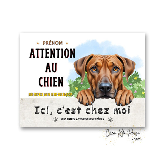 Plaque Rhodesian Ridgeback panneau de portail Attention au chien