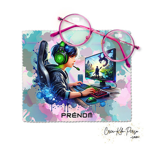 Essuie-lunette Chiffonnette personnalisable gaming garçon en session de jeu vidéo