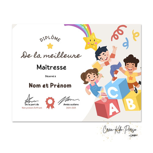 Diplôme à personnaliser cadeau maitresse maitre