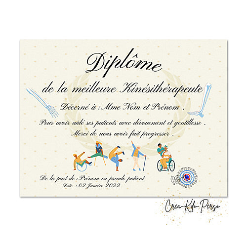 Diplôme à personnaliser cadeau kiné kinésithérapeute