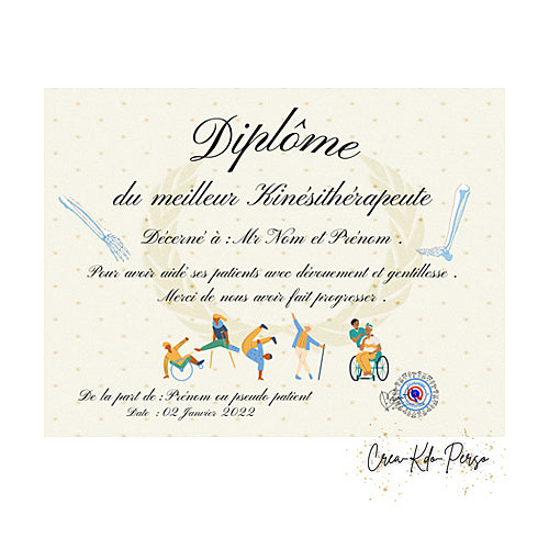 Diplôme à personnaliser cadeau kiné kinésithérapeute