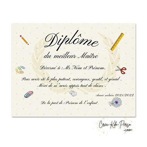 Diplôme à personnaliser cadeau maitre