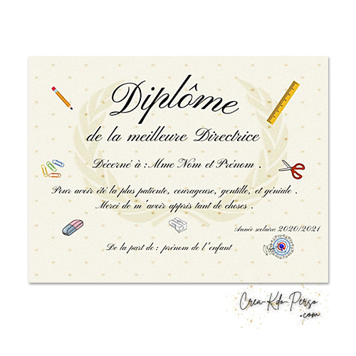 Diplôme à personnaliser cadeau directrice