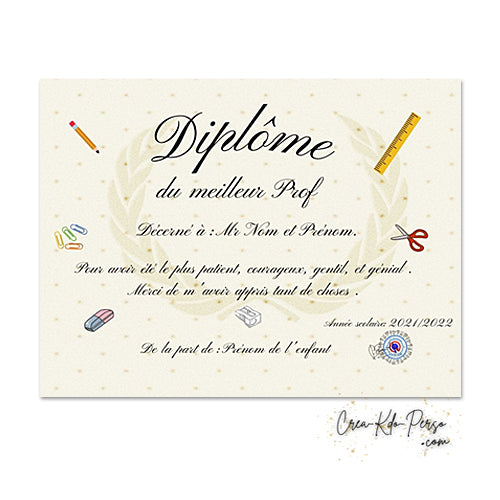 Diplôme à personnaliser cadeau prof professeur