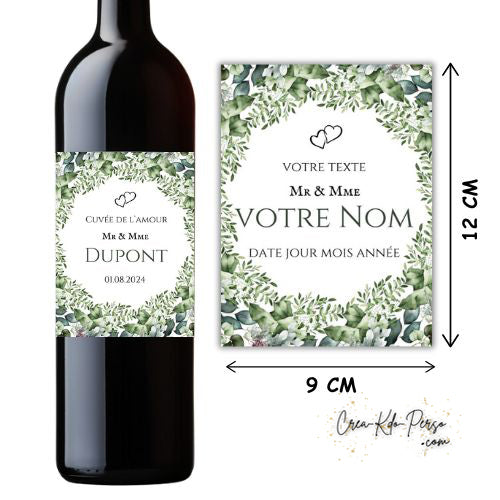 étiquettes Bouteille de Vin cuvée spéciale mariage personnalisées feuillage vert