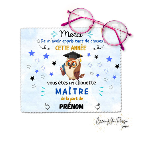 Chiffon à lunettes cadeau chouette maitre enseignant personnalisé