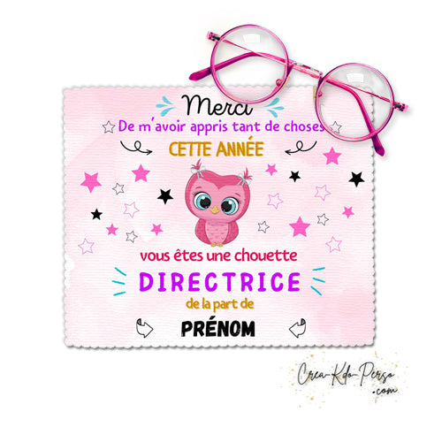 Chiffon à lunettes cadeau chouette directrice enseignante personnalisé