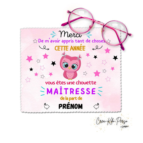 Chiffon à lunettes cadeau chouette maitresse enseignante personnalisé