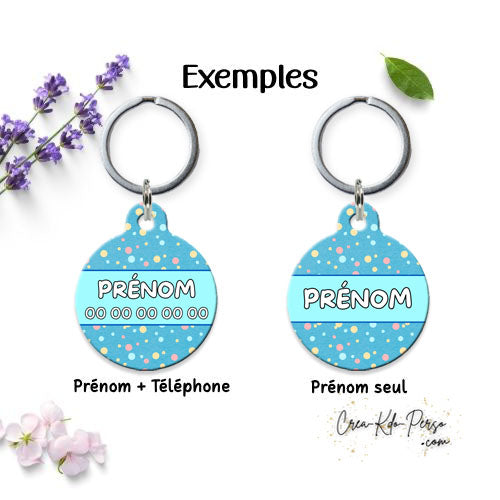 Médaille pendentif chien et chat personnalisé motif bleu à pois forme ronde