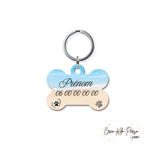Médaille pendentif chien personnalisée motif vacances à la plage forme os